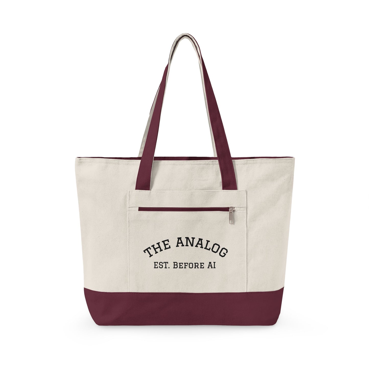 Canvas Tote Bag — "The Analog Est. Before AI" Zippered Market Tote - Available in 6 color variants.
