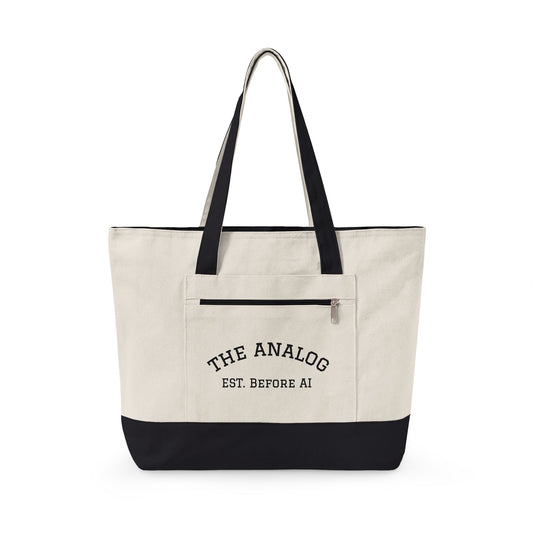 Canvas Tote Bag — "The Analog Est. Before AI" Zippered Market Tote - Available in 6 color variants.