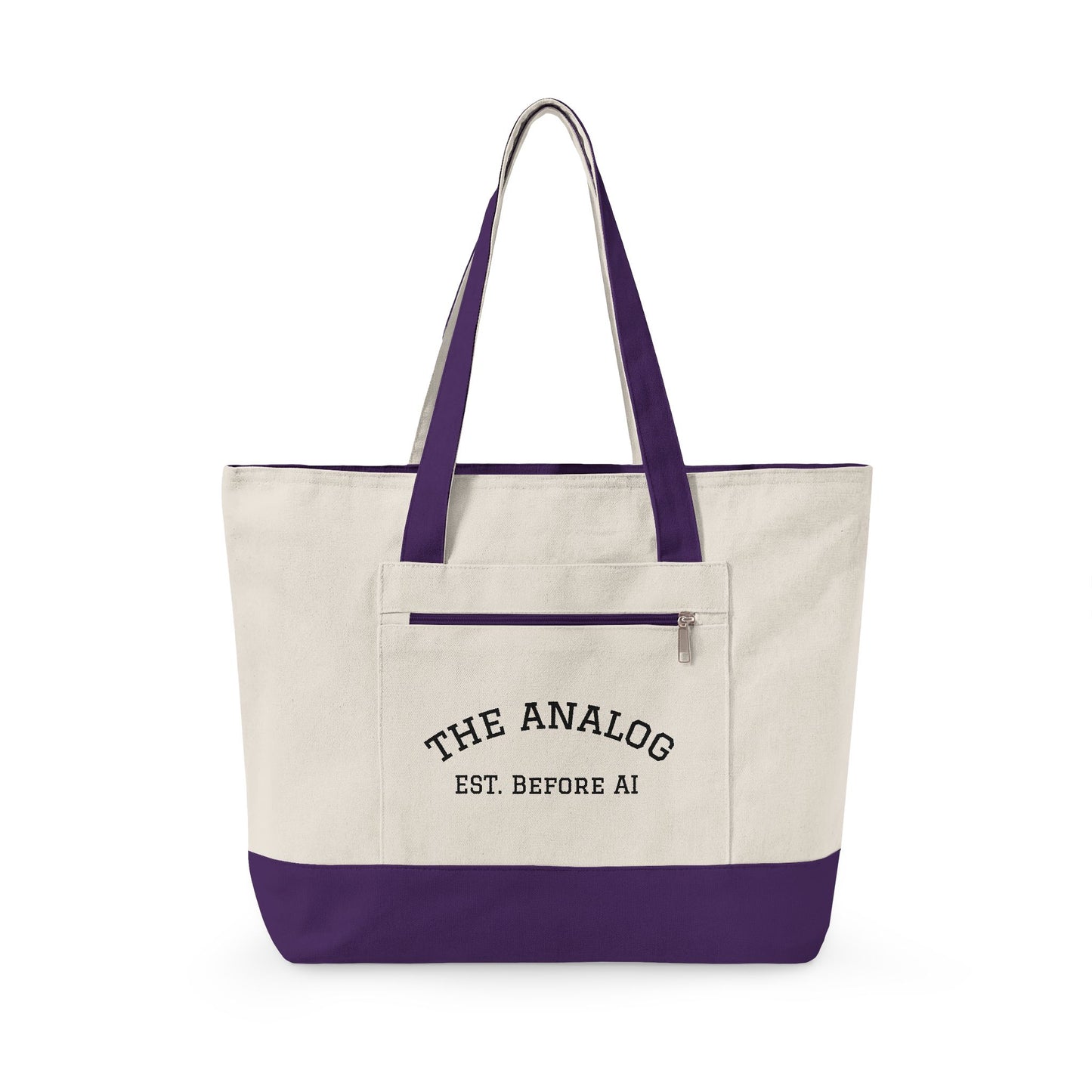 Canvas Tote Bag — "The Analog Est. Before AI" Zippered Market Tote - Available in 6 color variants.