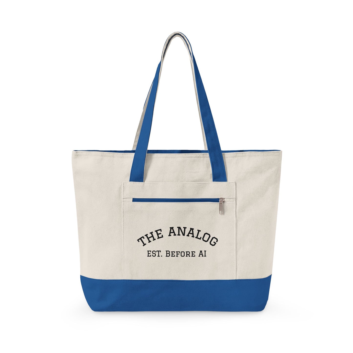 Canvas Tote Bag — "The Analog Est. Before AI" Zippered Market Tote - Available in 6 color variants.